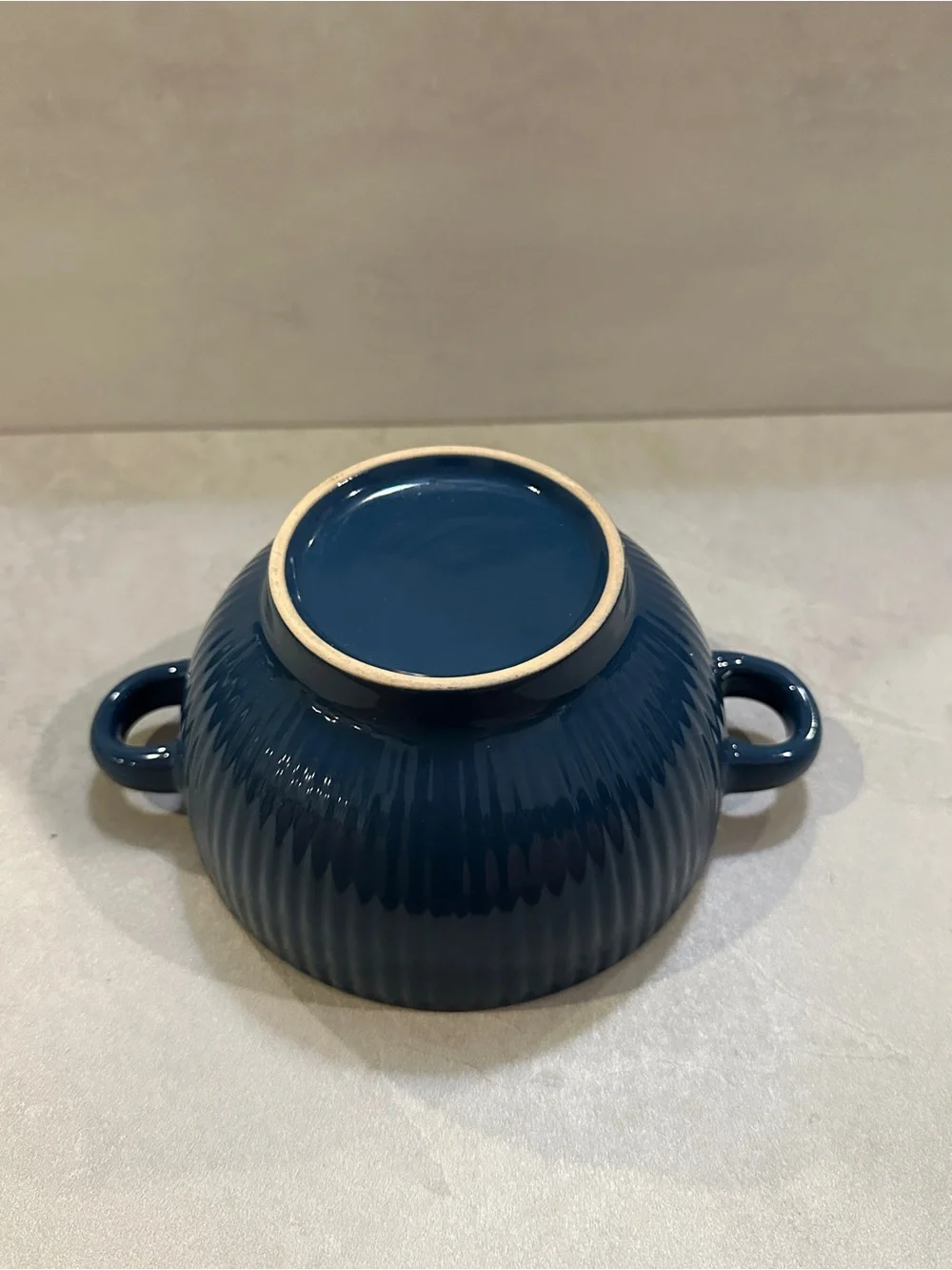 Stoneware Double Handle Soup Bowl, Deep Navy, Ribbed EUC